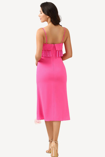 Spaghetti Straps Hot Pink Bridesmaid Dress with Fringes