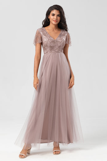 Sparkly V-Neck Dusty Pink Bridesmaid Dress with Beading