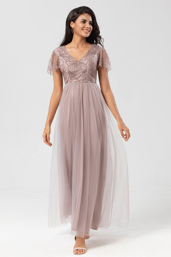 Sparkly V-Neck Dusty Pink Bridesmaid Dress with Beading