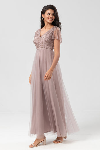 Sparkly V-Neck Dusty Pink Bridesmaid Dress with Beading