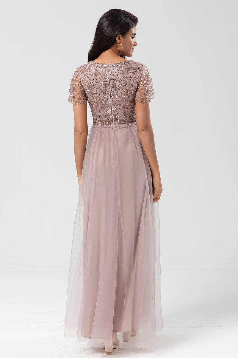 Load image into Gallery viewer, Sparkly V-Neck Dusty Pink Bridesmaid Dress with Beading