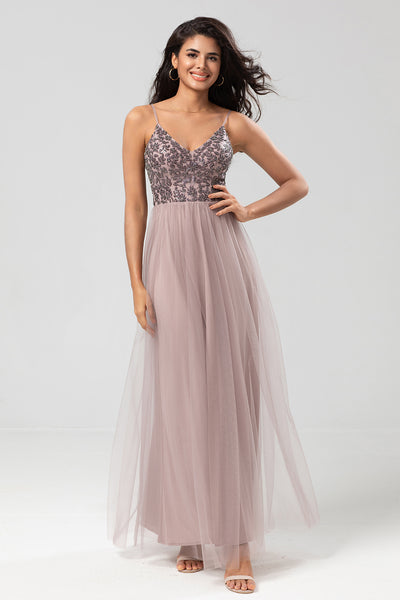 A-Line Spaghetti Straps Dusty Pink Long Bridesmaid Dress with Beading