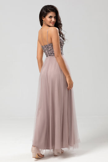 A-Line Spaghetti Straps Dusty Pink Long Bridesmaid Dress with Beading