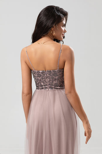 A-Line Spaghetti Straps Dusty Pink Long Bridesmaid Dress with Beading