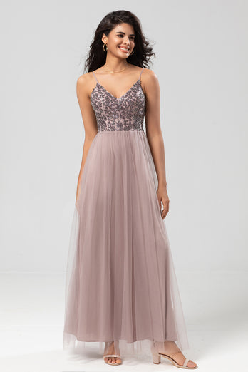 A-Line Spaghetti Straps Dusty Pink Long Bridesmaid Dress with Beading