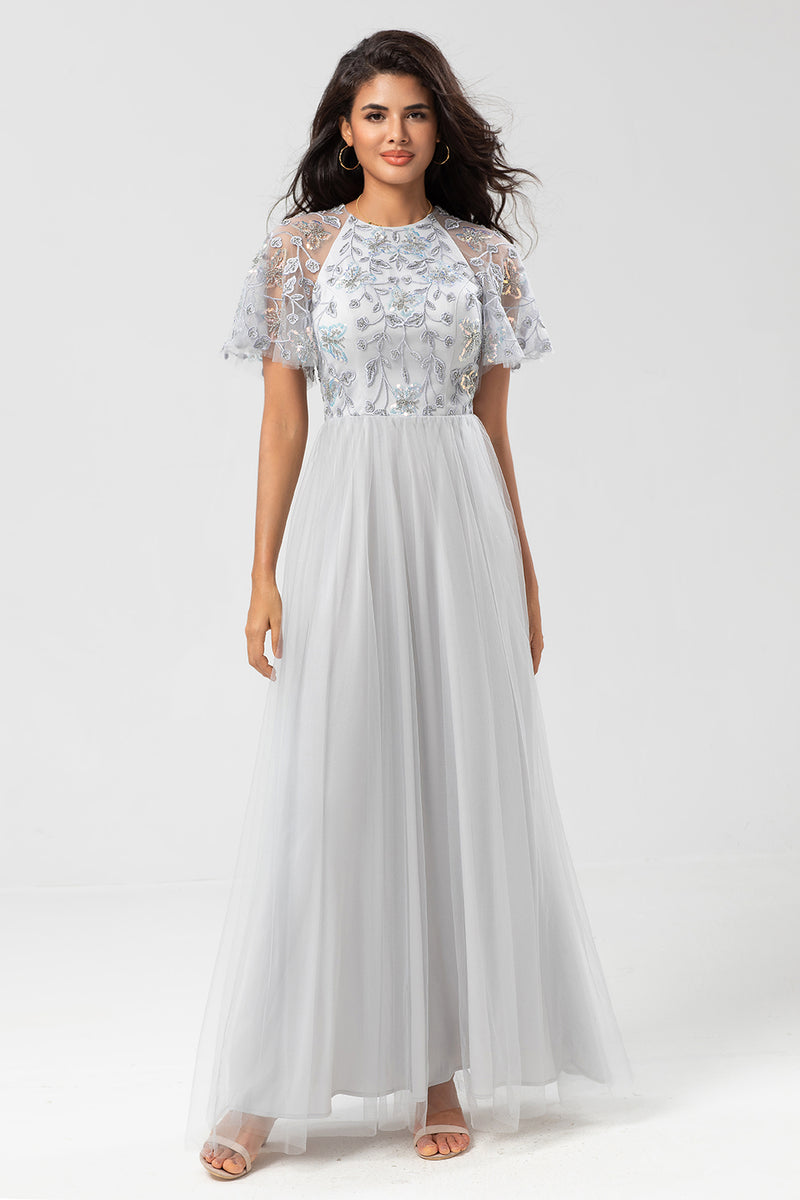 Load image into Gallery viewer, Tulle A-Line Twilight Beaded Bridesmaid Dress with Short Sleeves