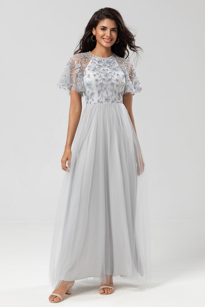 Load image into Gallery viewer, Tulle A-Line Twilight Beaded Bridesmaid Dress with Short Sleeves