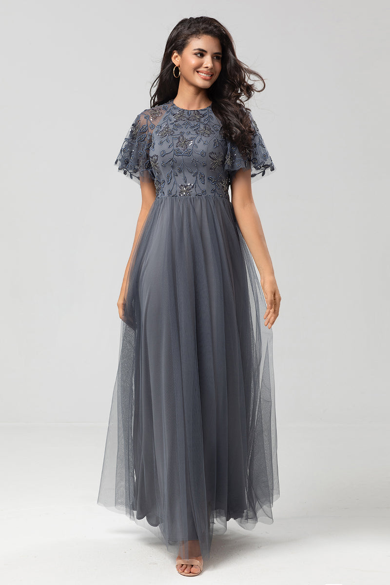 Load image into Gallery viewer, Tulle A-Line Twilight Beaded Bridesmaid Dress with Short Sleeves