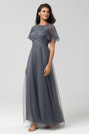 Tulle A-Line Twilight Beaded Bridesmaid Dress with Short Sleeves