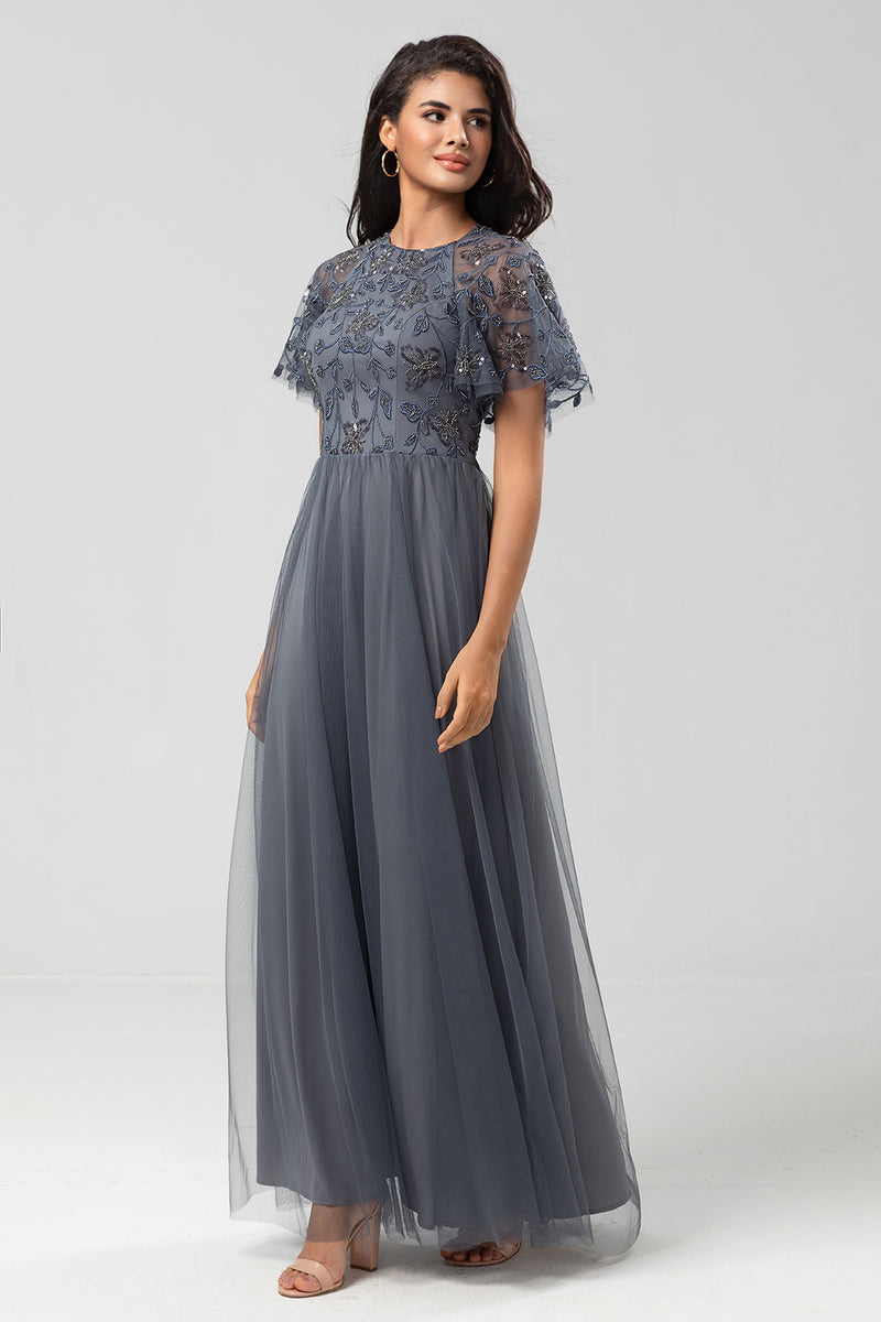 Load image into Gallery viewer, Tulle A-Line Twilight Beaded Bridesmaid Dress with Short Sleeves