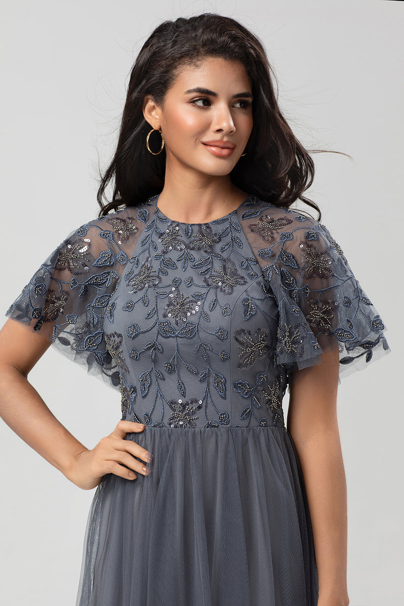 Load image into Gallery viewer, Tulle A-Line Twilight Beaded Bridesmaid Dress with Short Sleeves