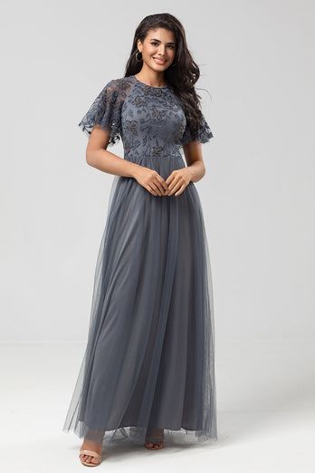 Tulle A-Line Twilight Beaded Bridesmaid Dress with Short Sleeves