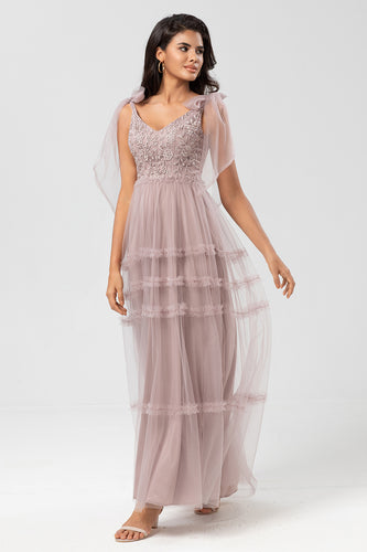 Tulle A-Line Dusty Pink Beaded Bridesmaid Dress