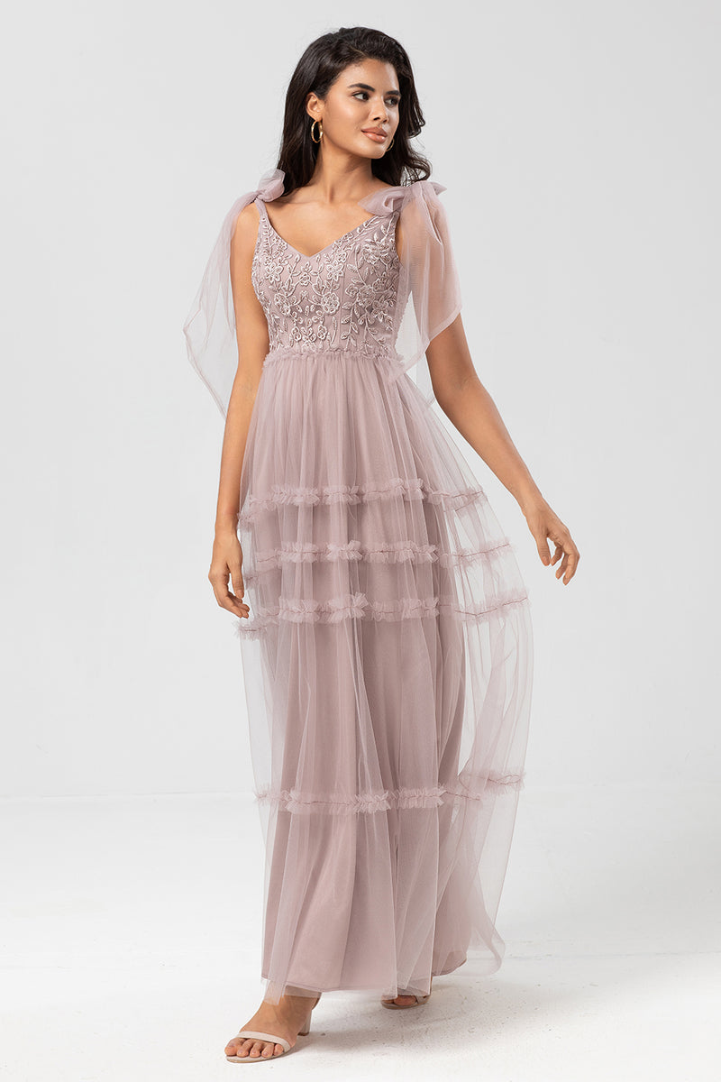 Load image into Gallery viewer, Tulle A-Line Dusty Pink Beaded Bridesmaid Dress