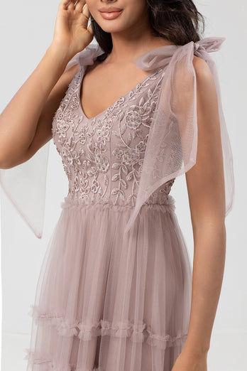 Tulle A-Line Dusty Pink Beaded Bridesmaid Dress