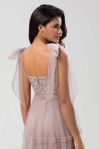 Tulle A-Line Dusty Pink Beaded Bridesmaid Dress