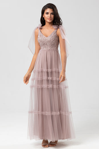 Tulle A-Line Dusty Pink Beaded Bridesmaid Dress