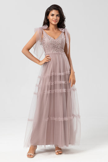 Tulle A-Line Dusty Pink Beaded Bridesmaid Dress