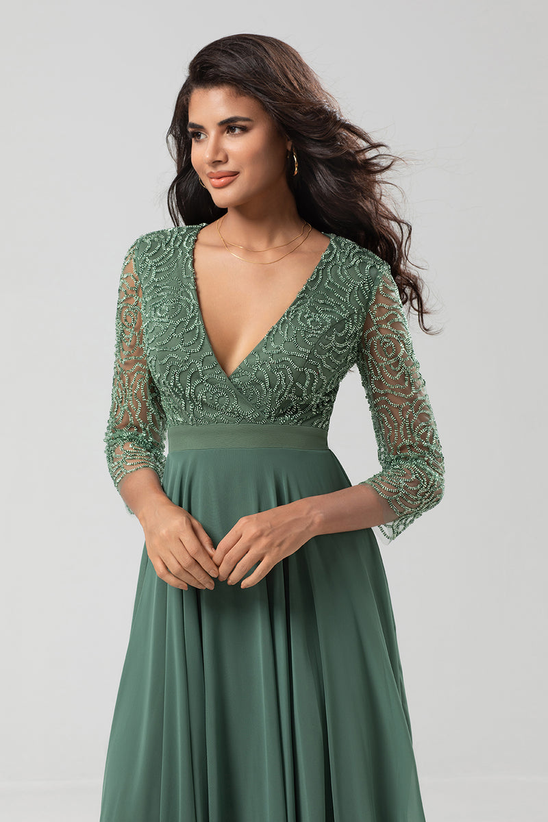 Load image into Gallery viewer, Beaded Eucalyptus Bridesmaid Dress with Sleeves