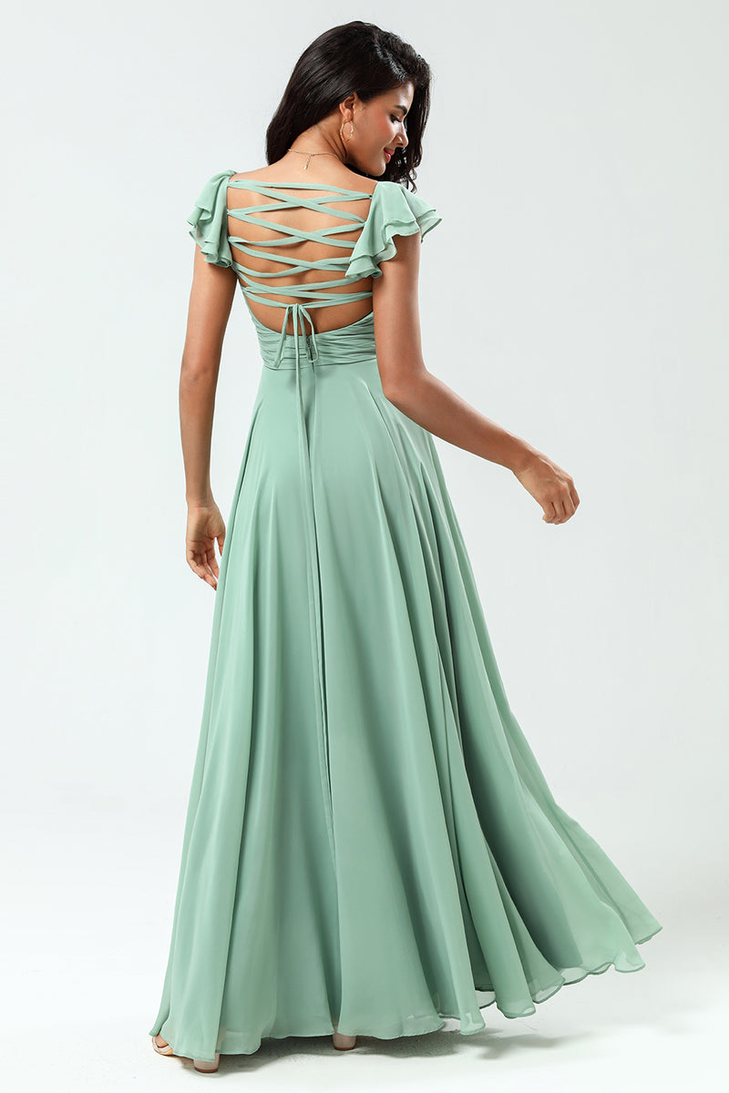 Load image into Gallery viewer, Chiffon A-Line Matcha Bridesmaid Dress with Ruffles