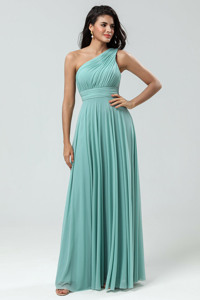 Load image into Gallery viewer, A-Line One Shoulder Sea Glass Bridesmaid Dress