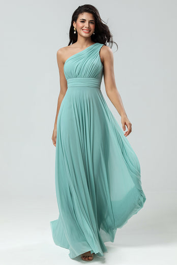 A-Line One Shoulder Sea Glass Bridesmaid Dress