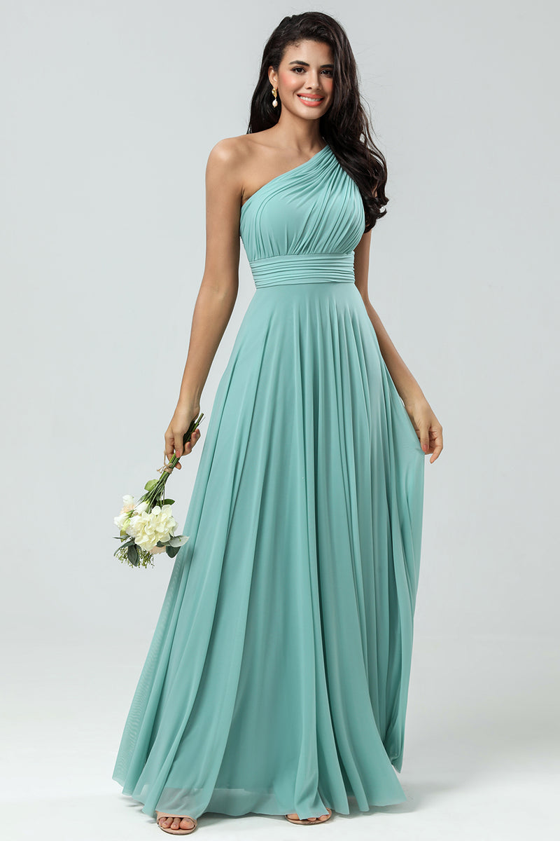 Load image into Gallery viewer, A-Line One Shoulder Sea Glass Bridesmaid Dress