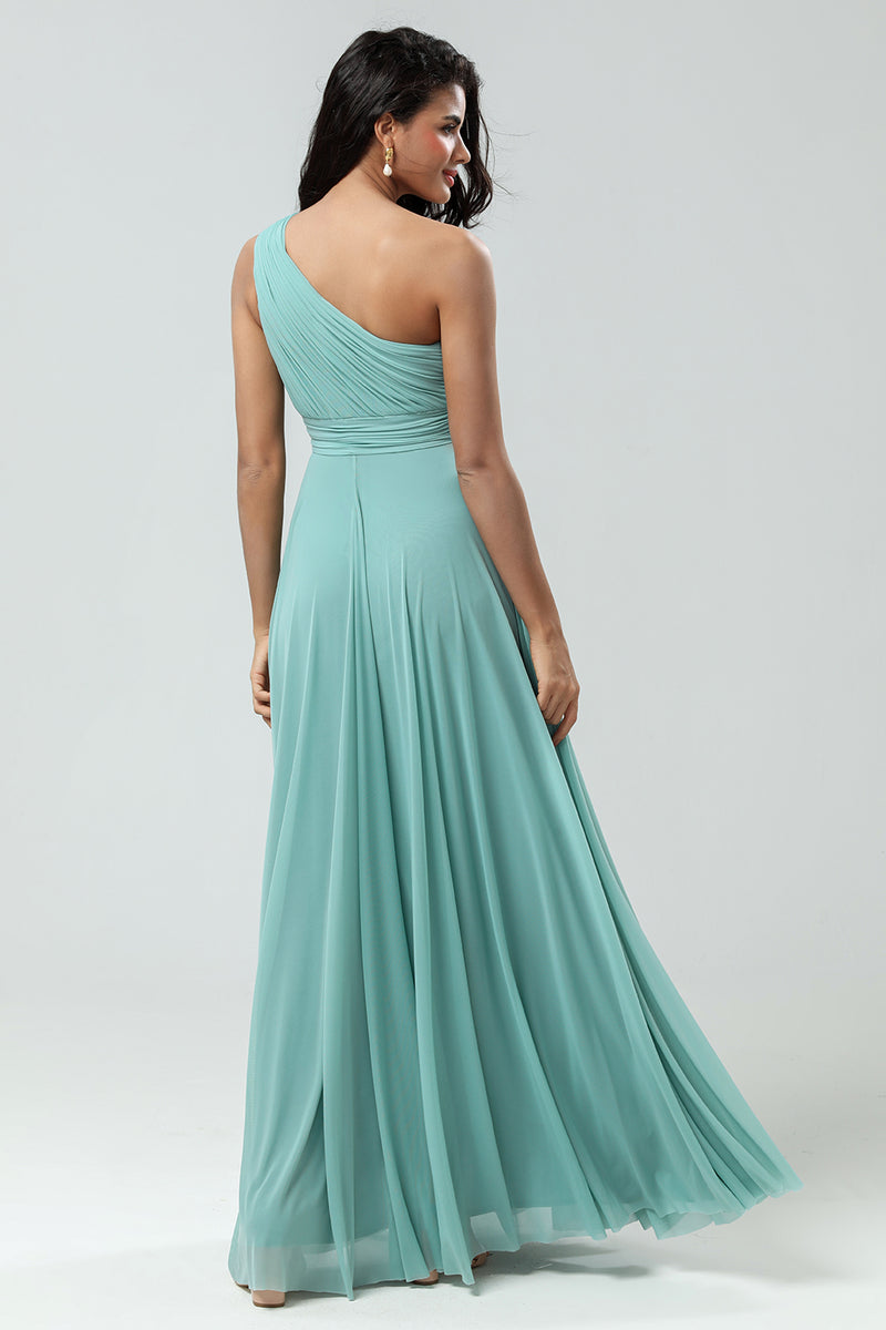 Load image into Gallery viewer, A-Line One Shoulder Sea Glass Bridesmaid Dress