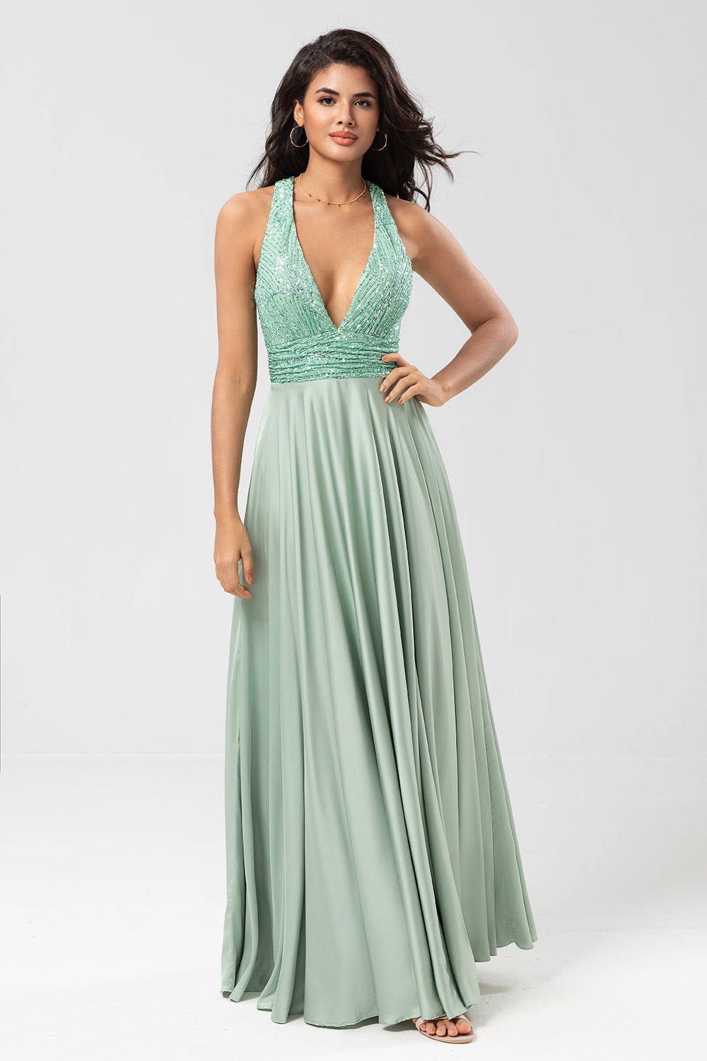 A-Line Deep V-Neck Matcha Bridesmaid Dress with Sequins