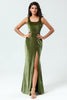 Load image into Gallery viewer, Velvet Mermaid Sleeveless Olive Bridesmaid Dress with Slit