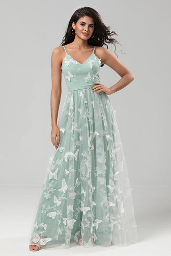 Spaghetti Straps Matcha Bridesmaid Dress with Appliques