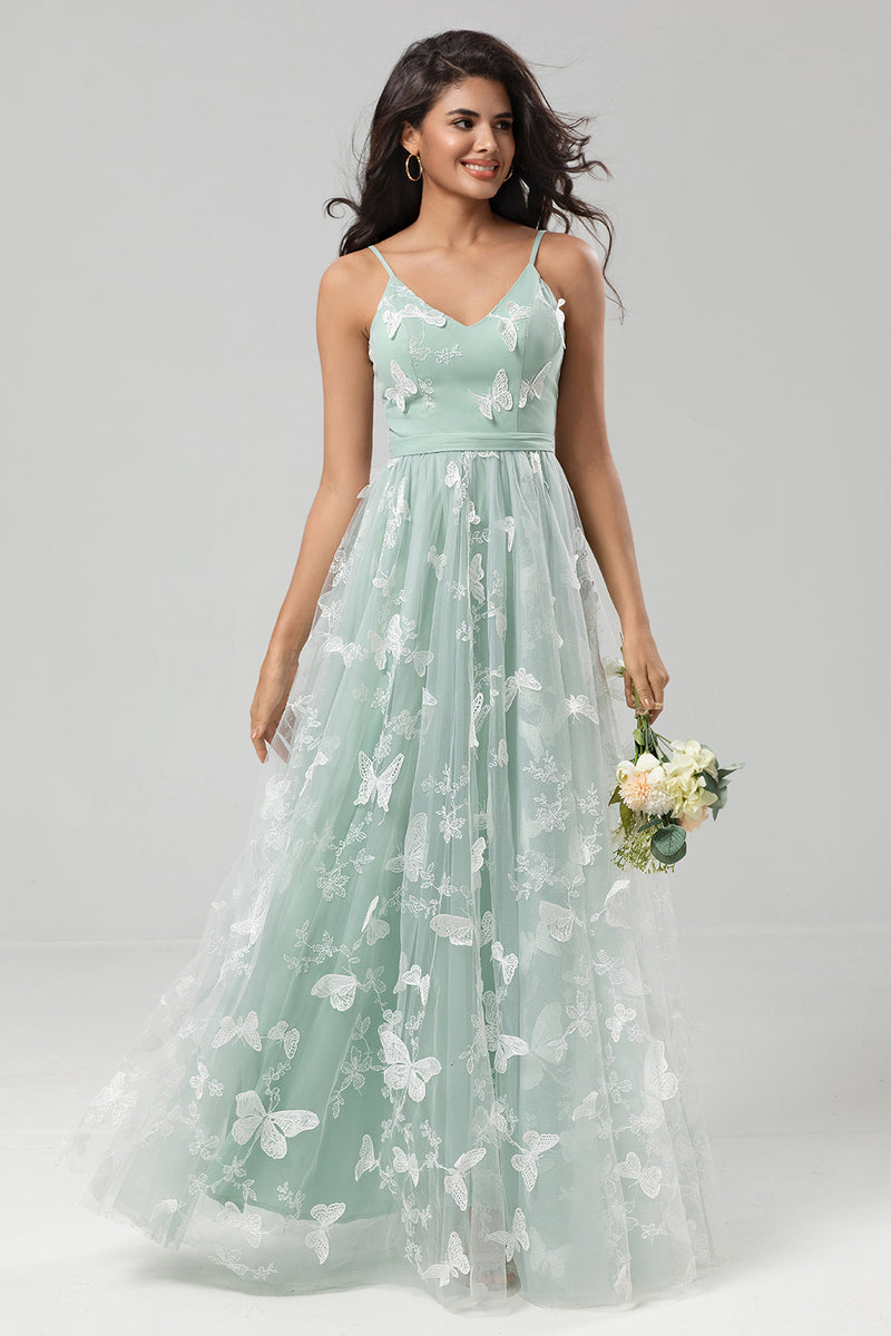 Load image into Gallery viewer, Spaghetti Straps Matcha Bridesmaid Dress with Appliques