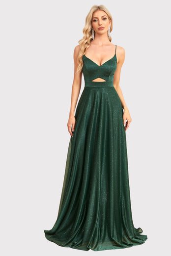 Sparkly Backless Dark Green Long Prom Dress