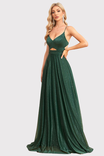 Sparkly Backless Dark Green Long Prom Dress