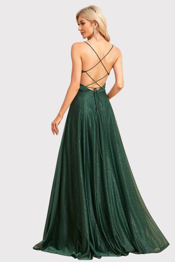 Sparkly Backless Dark Green Long Prom Dress