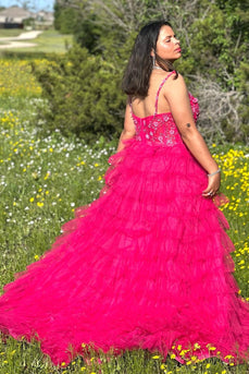 Sparkly Fuchsia Floral Tiered V Neck A-line Long Prom Dress