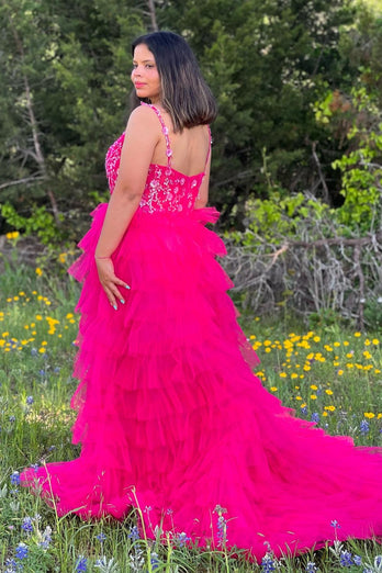 Sparkly Fuchsia Floral Tiered V Neck A-line Long Prom Dress