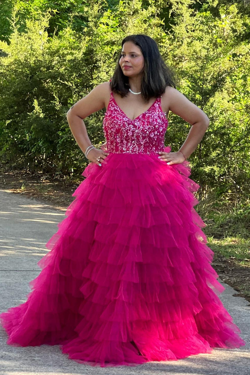 Load image into Gallery viewer, Sparkly Fuchsia Floral Tiered V Neck A-line Long Prom Dress