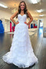 Load image into Gallery viewer, White A-Line Sparkly Sequin Ruffle Skirt Corset Prom Dress With Slit