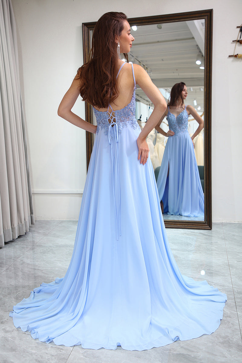 Load image into Gallery viewer, A-Line Chiffon Lavender Beaded Prom Dress with Slit