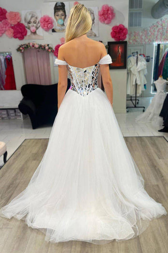 Glitter Corset White Princess Long Mirror Prom Dress