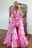 Load image into Gallery viewer, Glitter Hot Pink A Line V Neck Backless Long Tiered Prom Dress with Slit