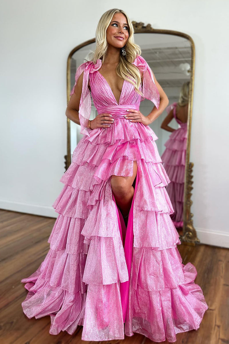 Load image into Gallery viewer, Glitter Hot Pink A Line V Neck Backless Long Tiered Prom Dress with Slit