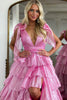 Load image into Gallery viewer, Glitter Hot Pink A Line V Neck Backless Long Tiered Prom Dress with Slit