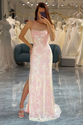 Mermaid Lace-Up Back Pink Prom Dress with Appliques