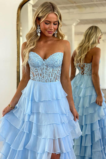 Blue Sweetheart Tiered Prom Dress