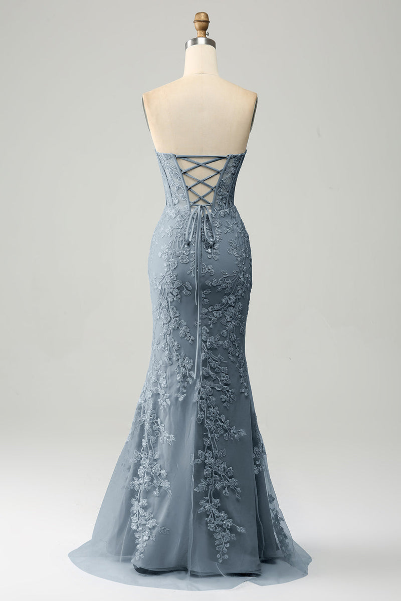 Load image into Gallery viewer, Light Blue Mermaid Sweetheart Corset Appliques Prom Dress With Side Slit