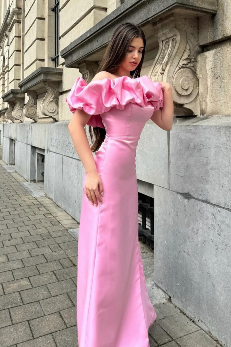 Load image into Gallery viewer, Mermaid Off the Shoulder Pink Prom Dress with Split Front