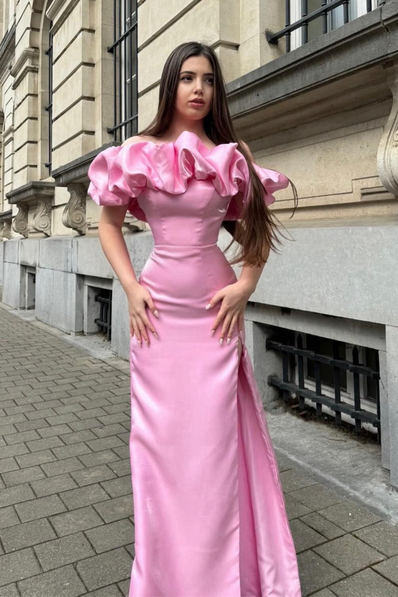 Load image into Gallery viewer, Mermaid Off the Shoulder Pink Prom Dress with Split Front