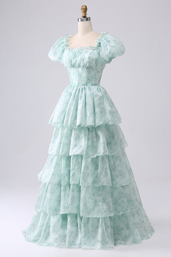 A Line Square Neck Light Blue Tiered Prom Dress with Ruffles